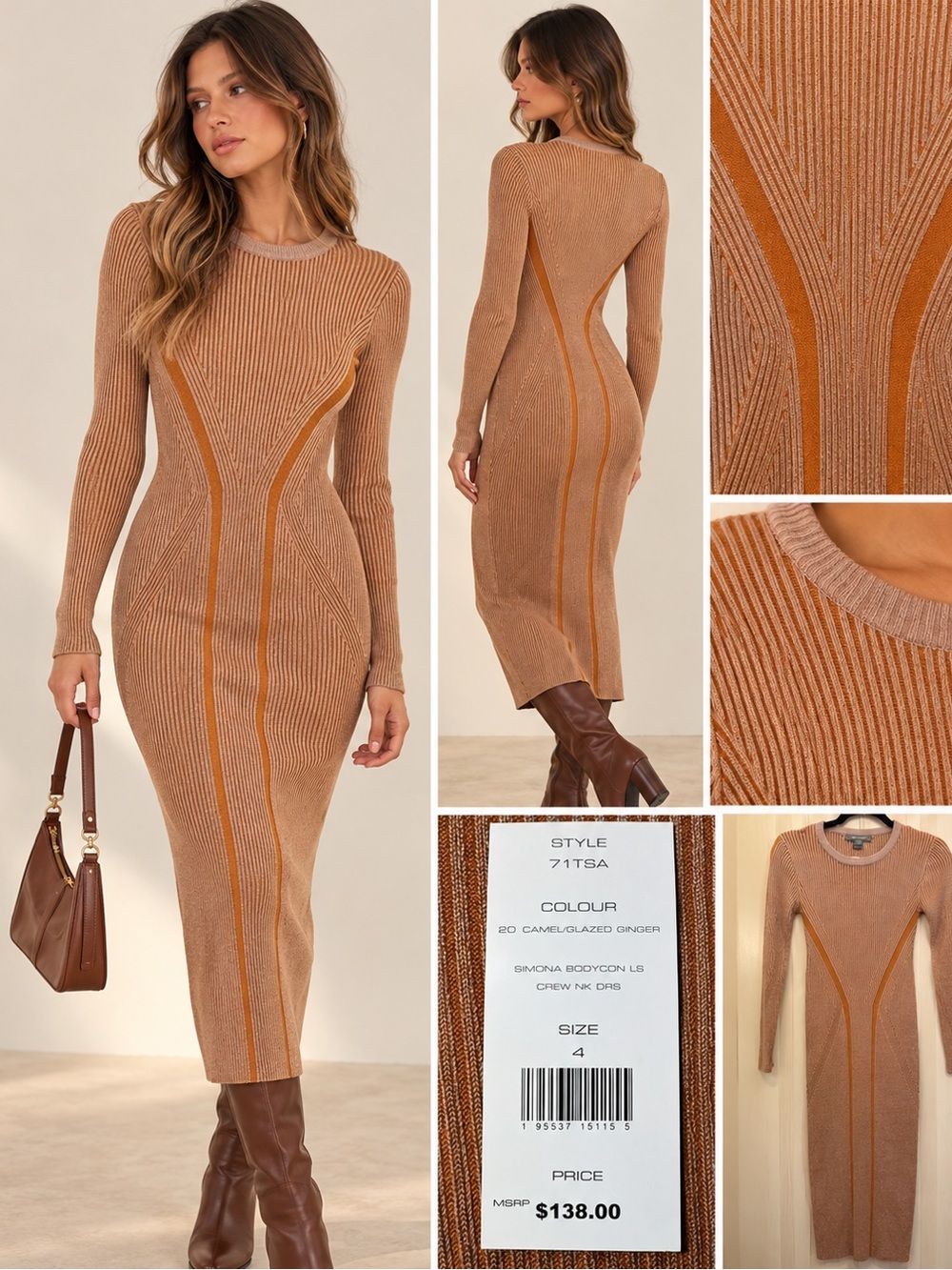 NWT French Connection Simona Ribbed Bodycon Midi Dress Size 4
